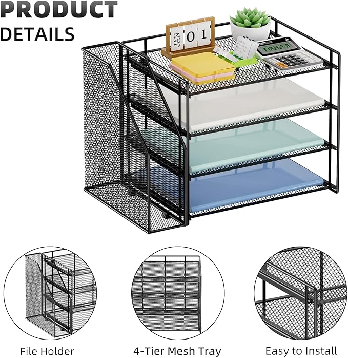 Marbrasse Desk Organizer and Accessories，4-Tier Paper Letter Tray Organizer with File Holder，Desk Accessories & Workspace Desktop Organizers for School Home Office Supplies (Black)
