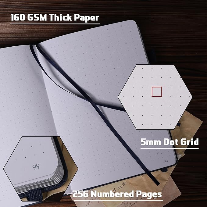 TIEFOSSI Bullet Dotted Journal Notebook, 160gsm 256 Numbered Thick Paper, A5 Hardcover Dotted Grid Diary for Women Men Work Writing, Bullet Dot Journaling, Drawing, 5.8 x 8.3 in