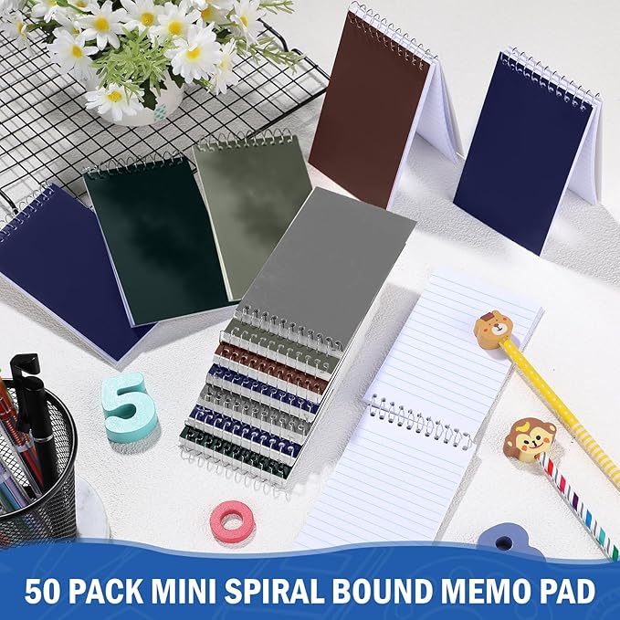 Teling 50 Pieces Spiral Memo Pads Bulk 3 x 5 Inch Small Note Pads Top Bound Lined College Ruled Paper Mini Notepad Pocket Spiral Notebooks for School Office Home Supplies, 75 Sheets (Dark Colors)