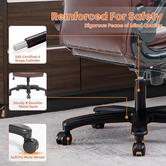 Big and Tall Office Chair 500lbs Wide Seat Executive Office Desk Chair High-Back Office Task Chair with Flip-Up Armrest, Ergonomic Lumbar Support Computer Office Chairs for Heavy People(Brown)
