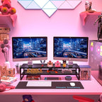 Simple Trending 2 Tier Metal Dual Monitor Stand Riser,Computer Office Desktop Organizer for 2 Monitors With 32"x10" Mouse Pad ,for Laptop,Printer,TV,Black