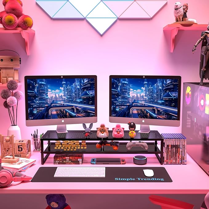 Simple Trending 2 Tier Metal Dual Monitor Stand Riser,Computer Office Desktop Organizer for 2 Monitors With 32"x10" Mouse Pad ,for Laptop,Printer,TV,Black