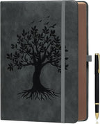 ZXHQ A5 360 Pages Lined Journaling Notebooks with Pen, Journals for Women Men Writing Notebook, Tree of Life Design, Brown Edge Fine Inner Pocket - Dark Grey