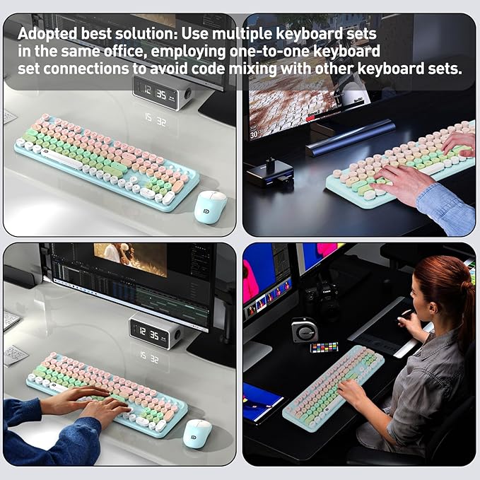 Wireless Keyboard and Mouse Set, 105 Round Keys Full-Size Cute Colorful Keyboard and Mouse with Retro Typewriter for PC/Mac/Laptop/Tablet/Computer/Windows Light Blue
