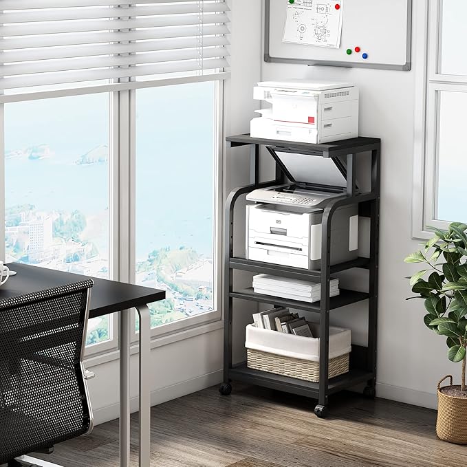 Printer Stand with Adjustable Shelf, 4 Tier Large Tall Printer Table with Wheels for Home Office Storage and Organization, Rolling Stand Cart for Computer Tower CPU Shredder, Black