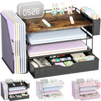 Wood Desk Organizers and Accessories with File Holder, 4-Tier Desk Accessories & Workspace Organizers with Drawer and Pen Holder, Paper Organizer for Office Supplies (Wood)