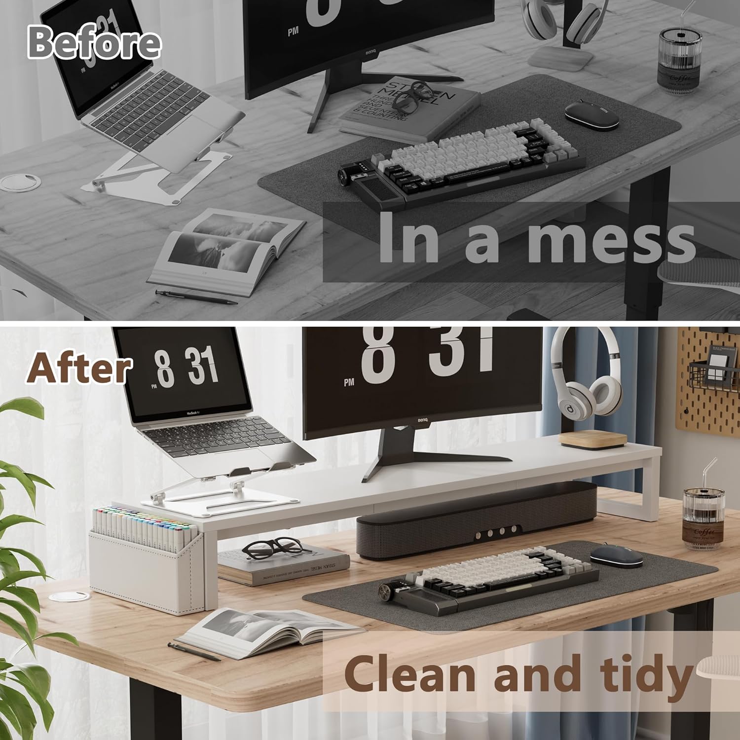 LAND·VOI Dual Monitor Stand Riser,41.5'' Long Monitor Stand for 2 Monitors, Wood and Steel Computer Monitor Stand, Desktop Oraganizer with Pen Holder, Monitor Riser for Desk Computer,Laptop,TV, White