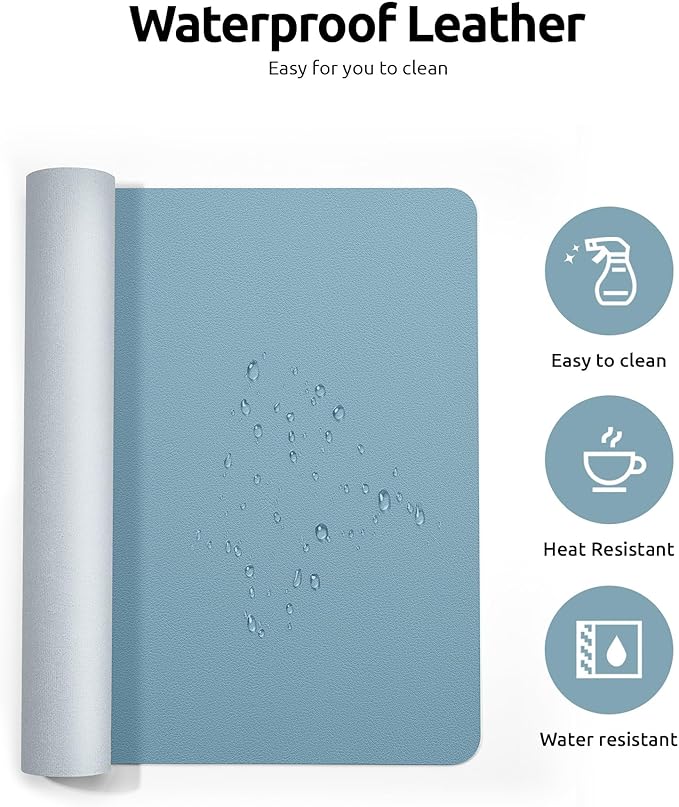 YSAGi Leather Desk Protector, Office Mat, Large Mouse Mat, Non-Slip PU Leather Blotter, Laptop Desk Pad, Waterproof Writing Pad for Office and Home (Ice Blue, 23.6" x 13.8")