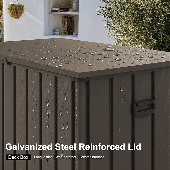 PURPLE LEAF Outdoor Deck Box 100 Gallon Waterproof Lockable Storage Box Container with Lid Deck Organization for Patio Cushions Side Table Pool Accessories Garden Tools, Brown