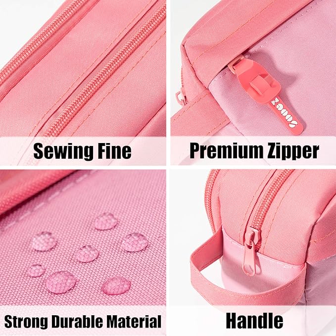 Sooez High Capacity Pencil Case, Big Pencil Bag Pouch Box Organizer Pen Case, Portable Journaling Supplies with Easy Grip Handle & Loop, Asthetic Supply for Girls Adults, Pink