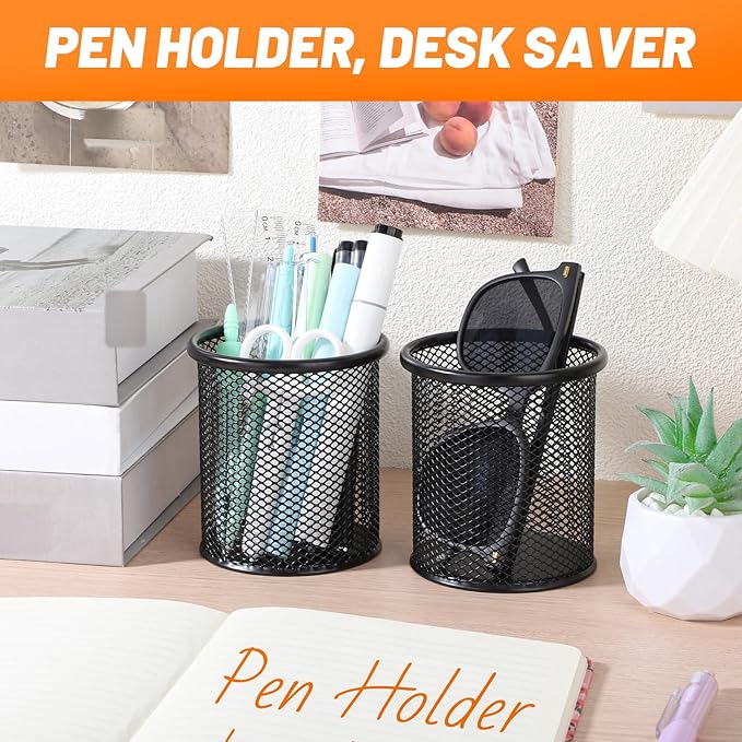 Segarty Pen Cup Holder for Desk, 12 Pack Black Pencil Holder, Round Wire Mesh Pen Container Set for Office Supply, School Classroom, Home Desktop Accessories, Makeup Brush Organizer
