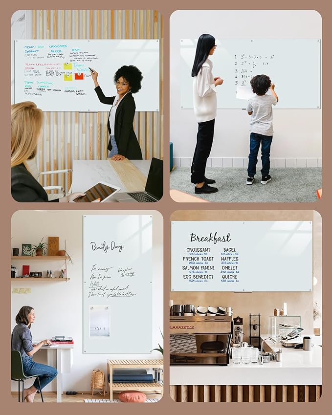 Magnetic Glass Whiteboard，96"x48" Wall Mounted Frameless Dry Erase Board for Office, Home & School White