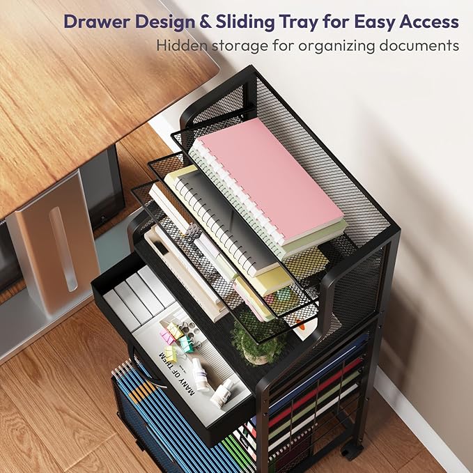 SWTYMIKI 10-Tier Rolling File Cart - Mesh Paper Organizer with Drawer and Hanging File Folders on Lockable Wheels, Wood Teacher Cart for Office Organization, Storage in Home, Studio, School (Black)