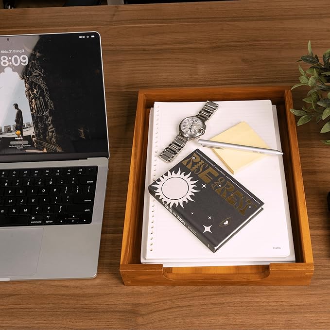 KOLWOVEN Wood Letter Tray -Load Documents Tray for Office Desktop Organizer - Desk Magazine, File, Folder, Paper Holder - Paper Document File Tray Front Drak Brown