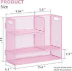 Marbrasse 3-Tier Desk Shelf Organizer with Handle, Desktop Bookshelf File Holder, Mesh Display Shelf Organizer Storage Rack for Office, Home, Supplies, Kitchen (Pink)
