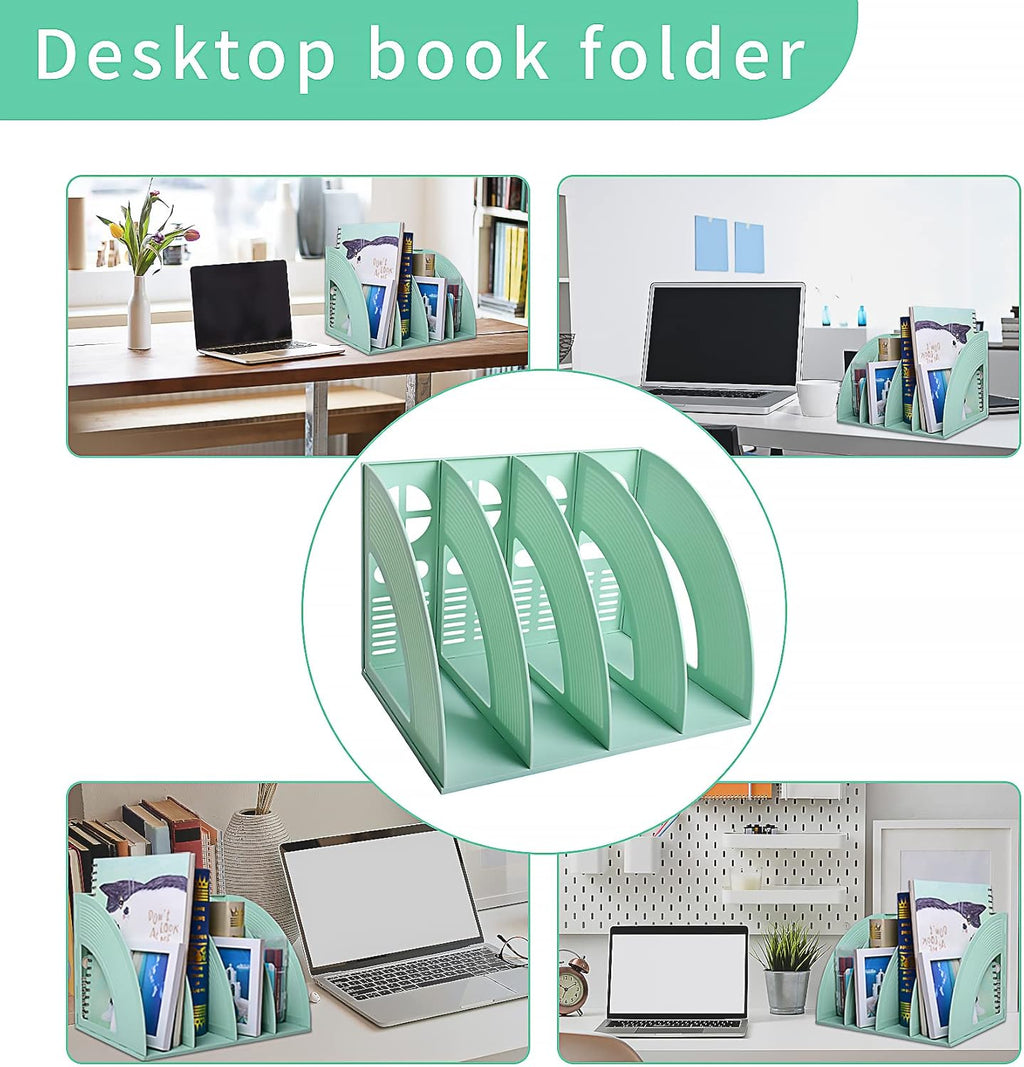 SAYEEC Magazine File Holder Folder Storage Desktop 4 Compartment Standing Hollow Green Files Bookshelf Organizer Box Office Racks Displays Holds Notebooks Documents for School Working Students