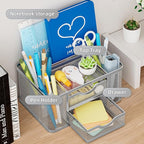 Marbrasse Mesh Desk Organizer, Pen Organizer with 2 Drawer, Multi-Functional Pencil Holder, Desk Organizers and Accessories with 5 Compartments + Drawer for Office Art Supplies (Silver)