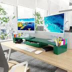 Spacrea Metal Desk Organizers and Accessories, Dual Monitor Stand Riser with Drawer and 2 Pen Holders, Desk Accessories & Workspace Desktop Organizers for Office Supplies (Dark Gree)