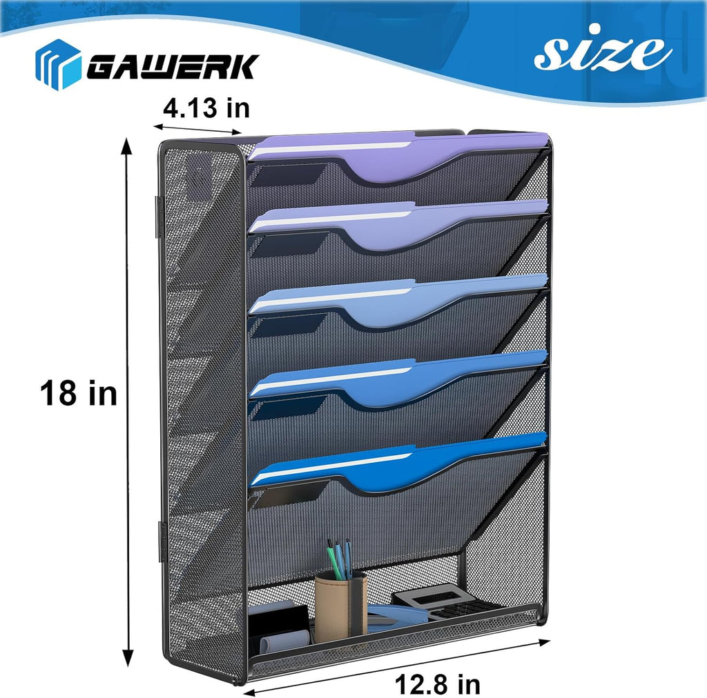 6 Tier Hanging File Organizer, Mesh Wall File Holder Paper Folder Rack with Bottom Flat Tray for Office Home, Black