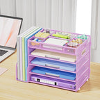 Marbrasse 5-Tier Desk Organizer with File Holder,Paper Letter Tray Organizer,Desktop File Organizer with Adjustable Compartments,Mesh Desk Organizers and Accessories for Office Supplies,Purple