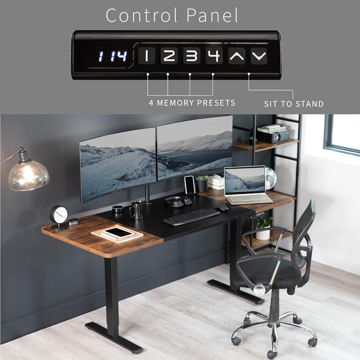 VIVO Electric 71 x 30 in Rustic Standing Desk, Memory Height Adjustment, 1B Series, Black and Vintage Brown Top, Black Frame, DESK-KIT-1B7BN