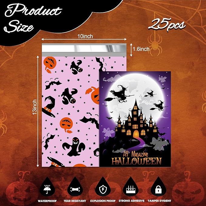 Halloween Poly Mailer 10x13 Inch 25 Pcs, Waterproof Shipping Bags for Clothing, Tear-Resistant Mailier Bags, Strong Mailing Bags with Self-Seal - Purple