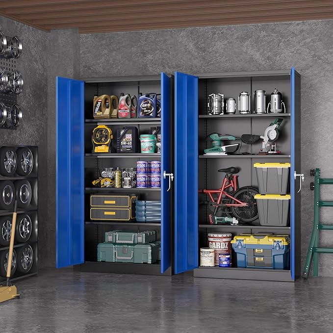 Greenvelly Metal Garage Storage Cabinet, 72" Tall Steel Storage Cabinets with 2 Doors and 4 Adjustable Shelves, Metal Tool Cabinets, Locking File Cabinet for Home Office, Garage, School (Black Blue)