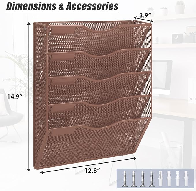 EASEPRES 5 Pocket Mesh Hanging Wall File Organizer, Wall Mounted Mail Paper Document Folder Holder, Clipboard Storage Organization Magazine Rack with Nametag Label for Office Home School, Brown