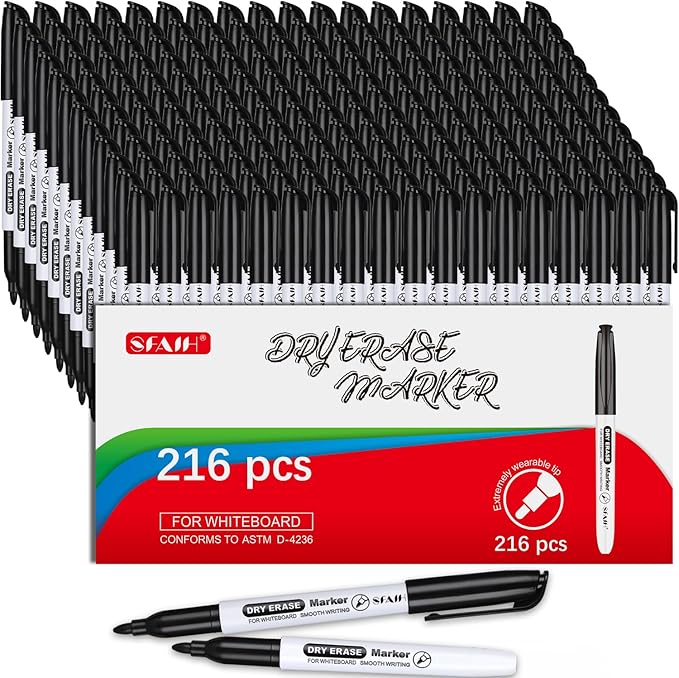 SFAIH Fine Tip Dry Erase Markers - 216 Pack Black Whiteboard Erasable Markers Bulk for Kids Adults, Ideal for Classroom School Office Home Use on White Board, Non-Toxic Easy Clean