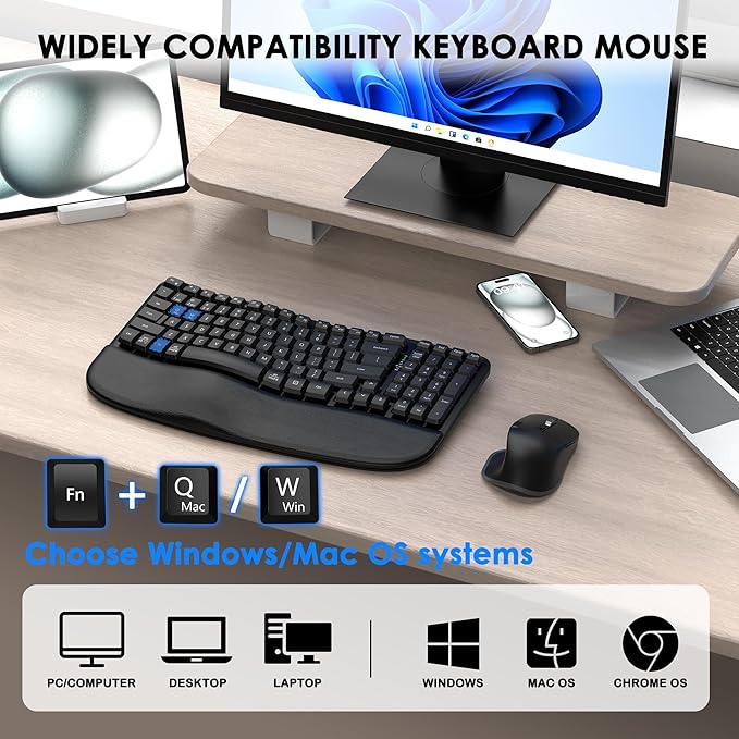 Ergonomic Keyboard and Mouse Combo, Bluetooth/2.4G Wireless Ergo Wave Curved Keyboard with Cushioned Palm Rest and 6 Levels DPI Adjustable Silent Mouse, Multi-Device for Windows/Mac/Android