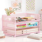Subekyu 3 Tier Paper Letter Tray Organizer for Desk, Pink Metal Mesh File Folder Sorter Organizer with Handle and 1 PC Sliding Tray for Home Office School Desk Supplies Organization Storage