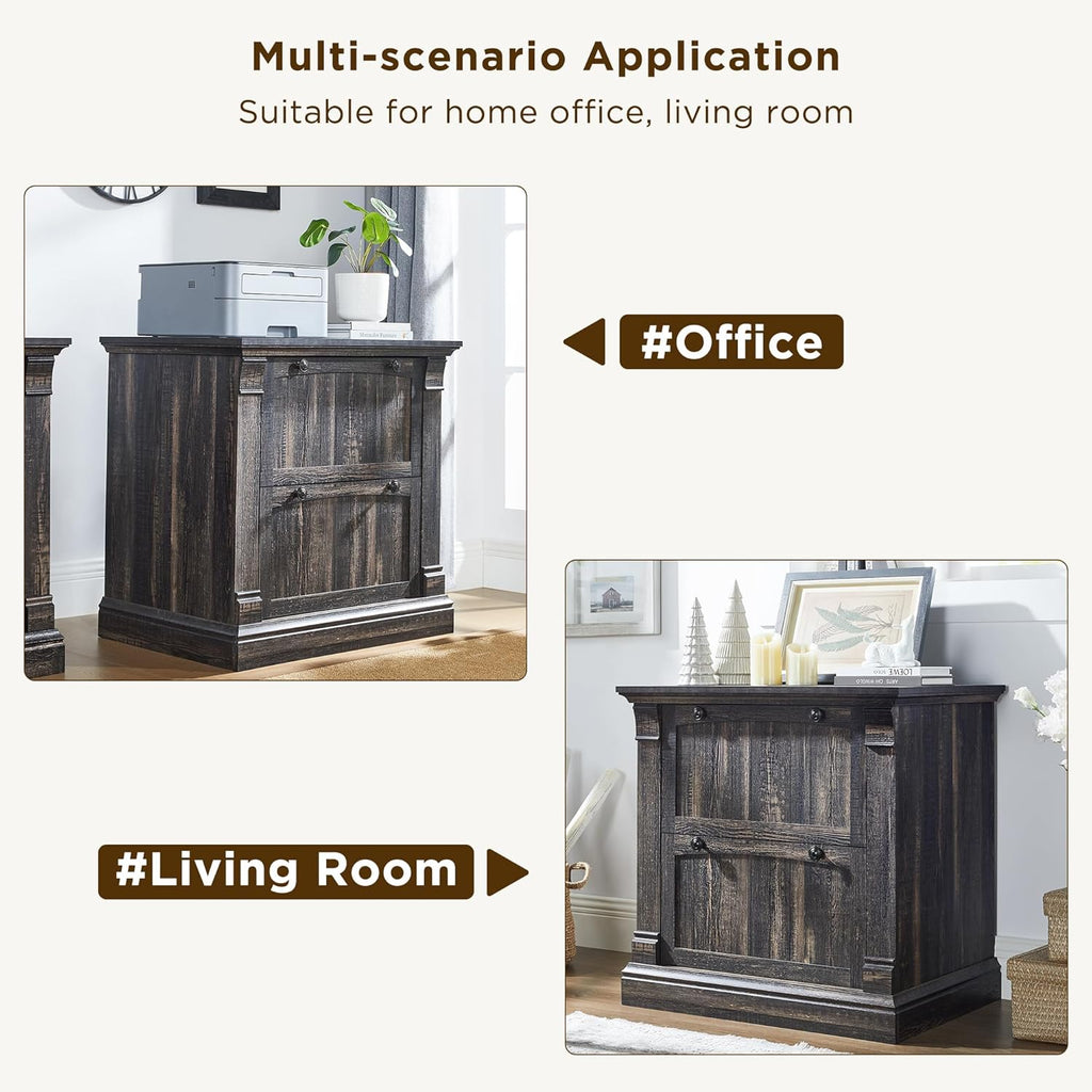 OKD Farmhouse File Cabinet with 2 Drawers, 30" Lateral Filing Cabinet, Hanging File Folders, Interlocking Drawers, Rustic Oak Wood, Brown, Home Office, Living Room, 30" x 22" x 10.2"