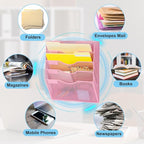 EASEPRES Magnetic 5 Pocket Mesh Hanging File Organizer, Wall Mounted Mail Paper Document Folder Holder, Clipboard Storage Organization Magazine Rack with Nametag Label for Office Home School, Pink