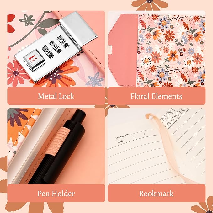 CAGIE Floral Diary with Lock for Women, Teen Girls Journal with Lock, Hardcover Refillable Women Journal with Pen, 6.3 x 8.5 Inch