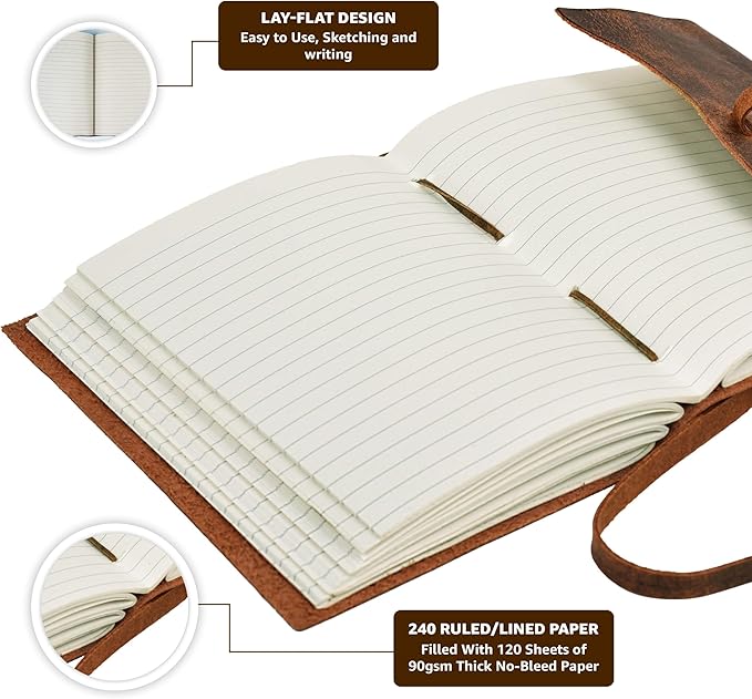 LEATHER VILLAGE Vintage Leather Journal 6"x4" - Brown | 240 Lined Pages | Rustic Notebook for Travel, Office & Personal Use | Handmade College Ruled Diary for Men & Women