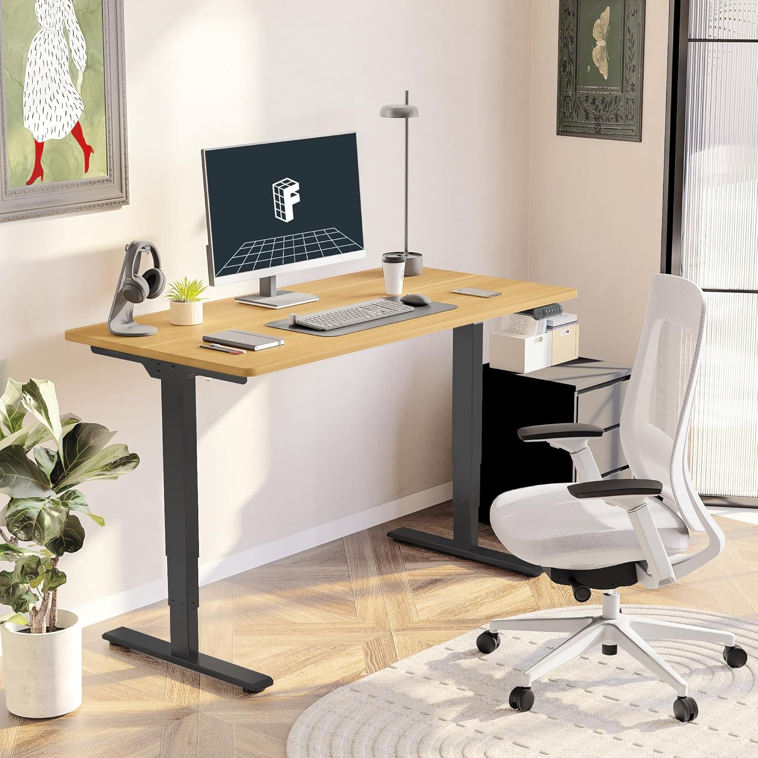 FLEXISPOT E6 Essential 3 Stages Dual Motor Electric Standing Desk 55x28 Inch Whole-Piece Board Height Adjustable Electric Sit Stand Desk(Black Frame + Maple Desktop, 2 Packages)