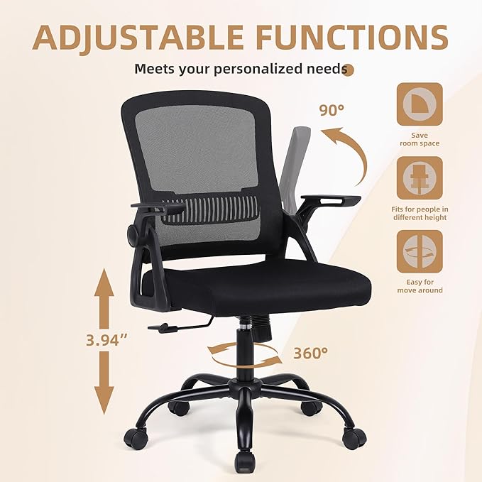 Modern Ergonomic Office Chair, Black, Mesh Back, Flip-up Armrests, Adjustable Height, 300 lbs Capacity