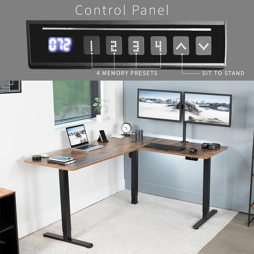 VIVO Electric Corner L-Shaped 63 x 55 in Rustic Standing Desk, Memory Height Adjustment, Vintage Brown Top Black Frame, DESK-E3CTN