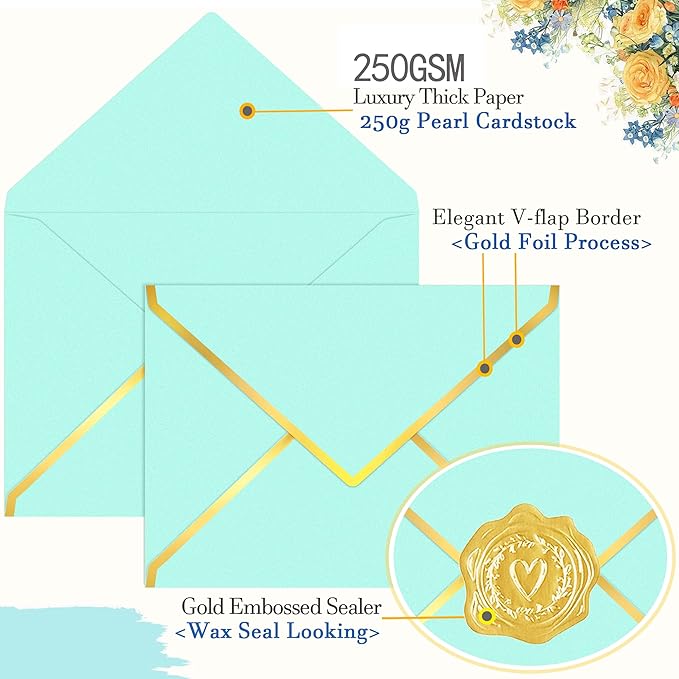 60 Pack Gold Envelopes 5x7 Light Blue, 250G Pearled Cardstock A7 Envelopes for Invitations Business Mailing Envelope with Gold Foil Border, A6 4x6 Envelopes for Wedding Baby Shower Cards