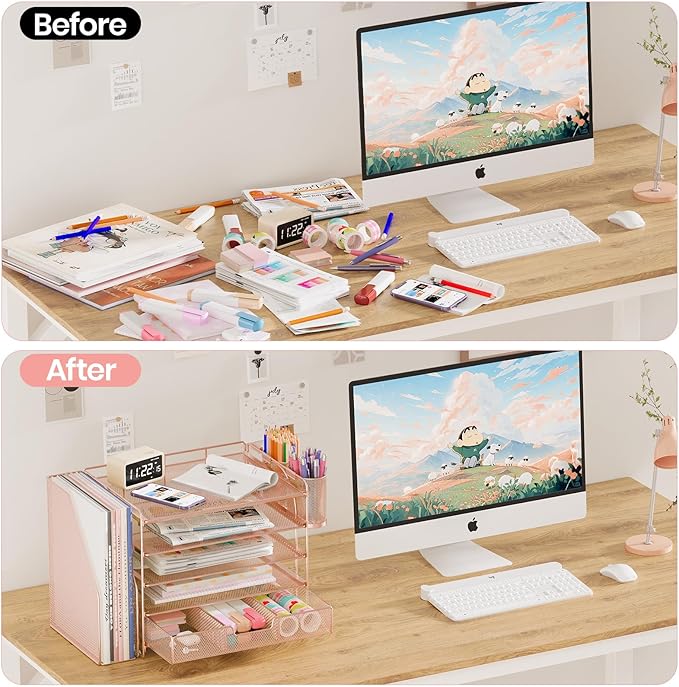 Desk Organizers and Accessories, 5-Tier Paper File Organizer with Drawer & Pen Holder, Office Desk Accessories Workspace Desktop Organizer for Office Supplies (Rose Gold)