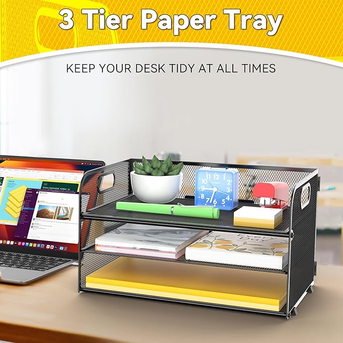 3-Tier Paper Letter Organizer Tray with Handle, Mesh Desk File Organizer for Office, Home, School - 2 Pack, Black