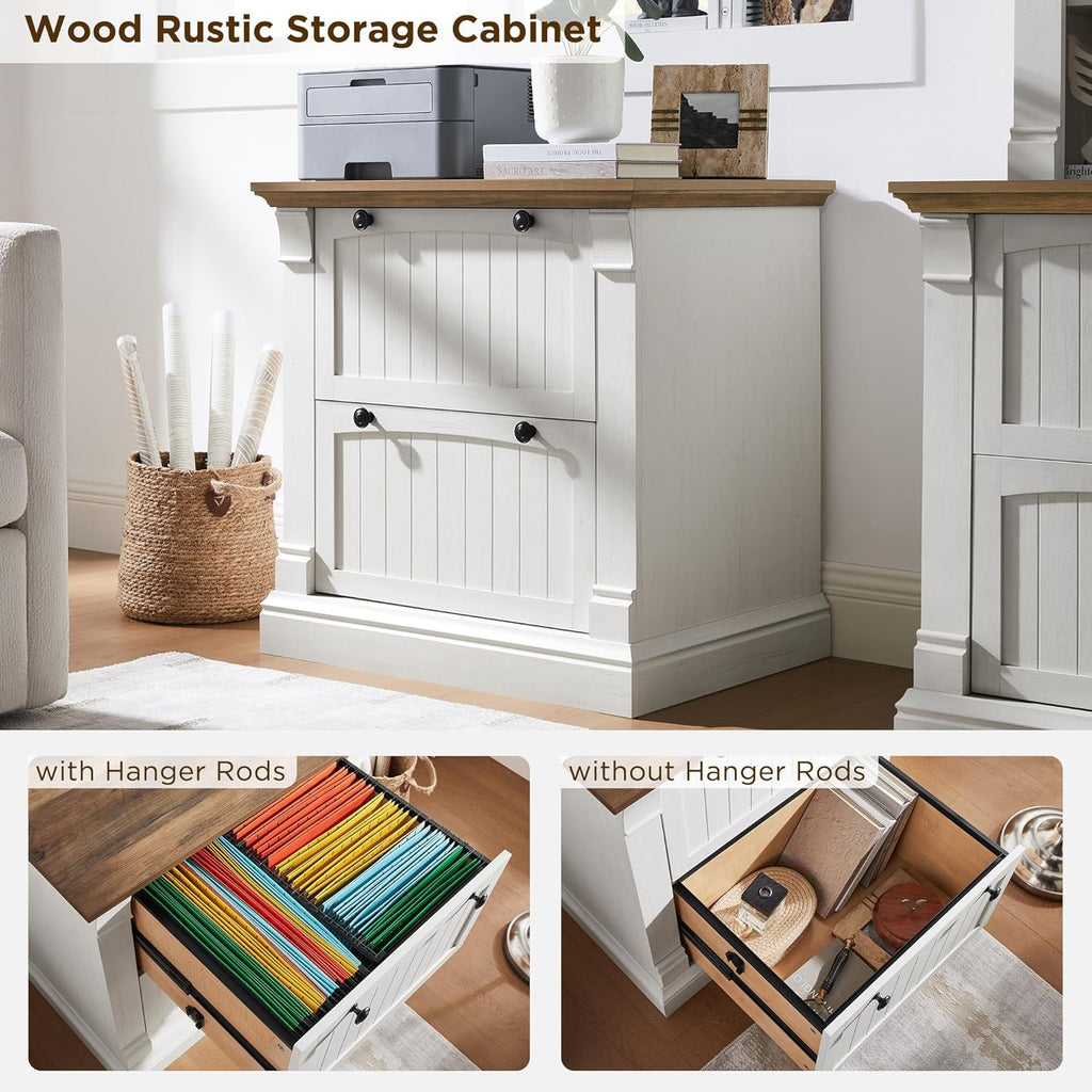 OKD Farmhouse File Cabinet with 2 Drawers, 30" Lateral Filing Cabinet with Hanging File Folders, Interlocking Drawers, Wood Rustic Storage Cabinet for Home Office, Living Room, Antique White