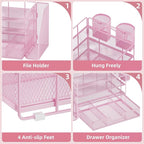 Marbrasse Desk Organizer and Accessories，4-Tier Paper Letter Tray Organizer with File Holder, Workspace Desk Organizers Accessories with Drawer and 2 Pen Holder (Pink, 15.4" x 9.1" x 8.3")