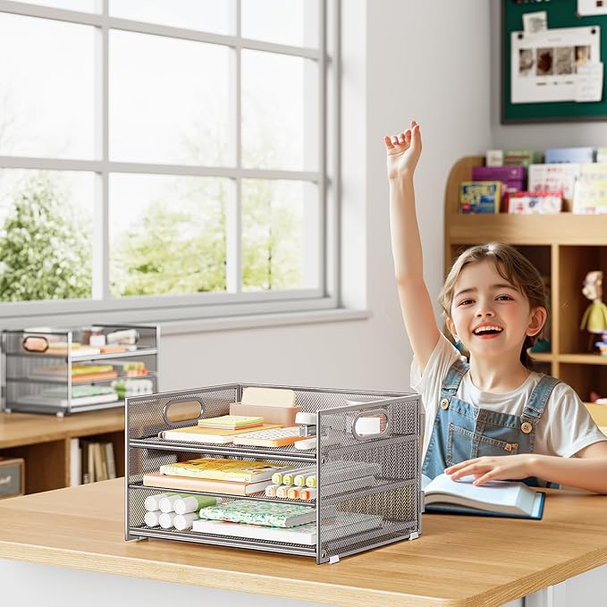 Subekyu 2-Pack 3-Tier Silver Metal Mesh Desk Paper Letter Tray & File Sorter Organizer with Handle + 1 Sliding Tray for Desk, Home, Office, School Supplies, A4 Paper and Accessories Storage