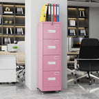METAN 4 Drawer Vertical File Cabinet on Wheels, Lockable Office Files Storage Cabinet with Handle and Name Card,Mobile Storage Cabinet for Office and Home,Assembly Required,Pink