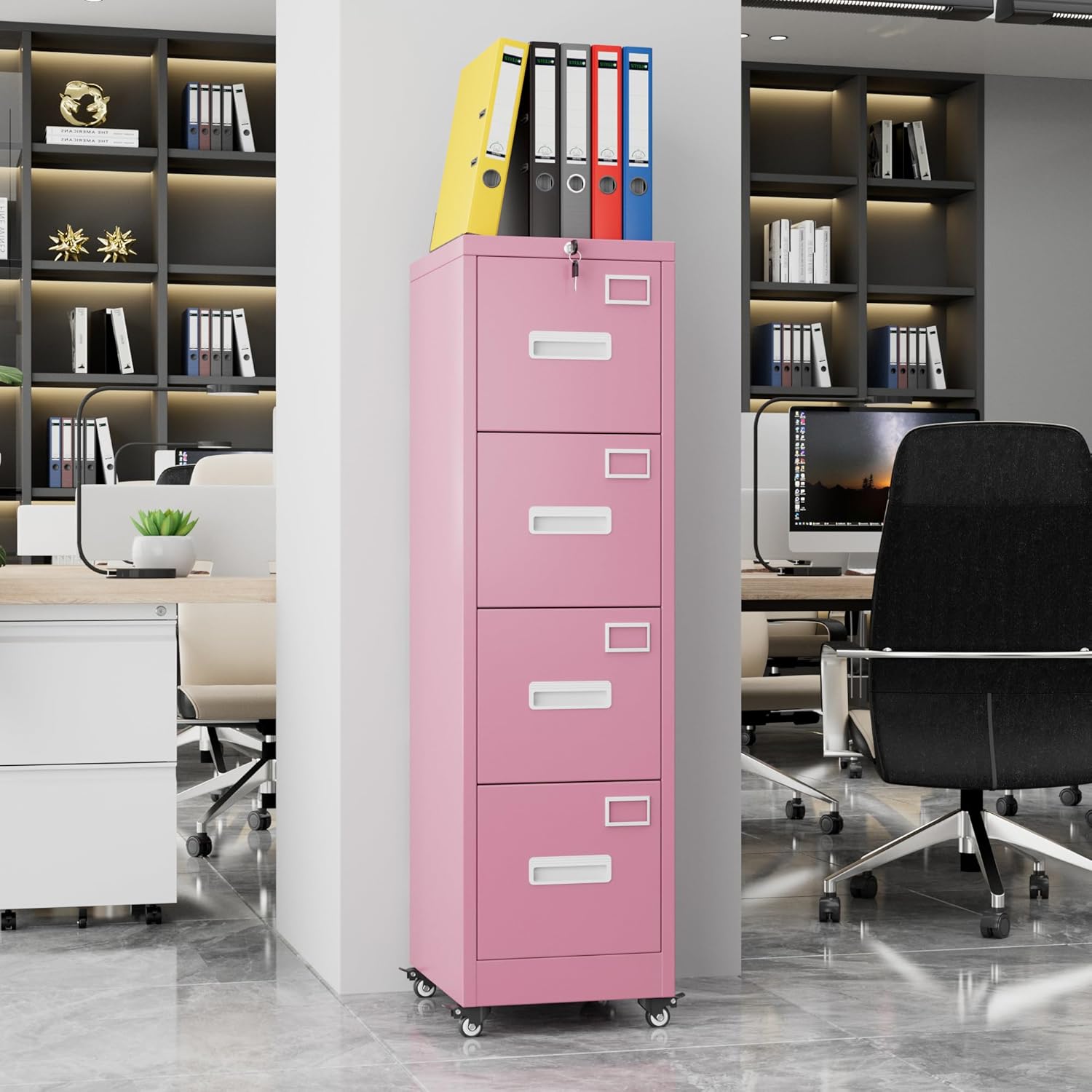 METAN 4 Drawer Vertical File Cabinet on Wheels, Lockable Office Files Storage Cabinet with Handle and Name Card,Mobile Storage Cabinet for Office and Home,Assembly Required,Pink