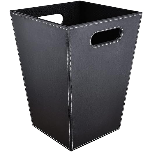 Pu Leather Trash Can for Bedroom, 16L/4.2 Gallon Office Wastebasket with Handles for Near Desk, Black Bathroom Garbage Cans for Home Decorative, Square Waste Basket Bin for Dorm Easy to Clean