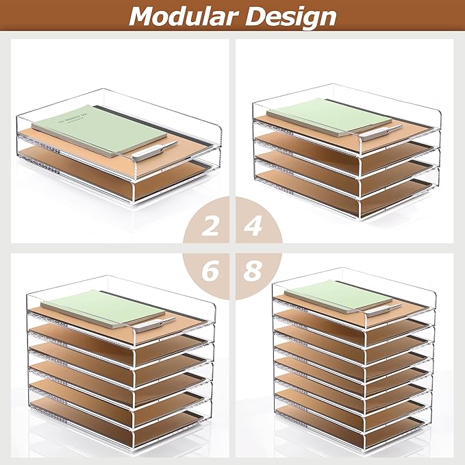 SANRUI 4 Tier Stackable Paper Letter Tray, Acrylic Vertical File Tray A4 Desk Organizer and Accessories Sorter Trays, Clear Workspace Office Supplies Organizers,12inx9.25inx6.6in