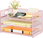 Subekyu 3 Tier Paper Letter Tray Organizer for Desk, Pink Metal Mesh File Folder Sorter Organizer with Handle and 1 PC Sliding Tray for Home Office School Desk Supplies Organization Storage