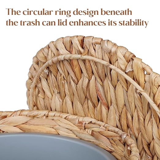 YANGQIHOME Wicker Trash Can with Lid, Water Hyacinth Garbage Can, Handwoven Wicker Waste Basket in Bathroom, Bedroom, Office, Living Room, Laundry Room, Blanket Basket 3.8 Gallon